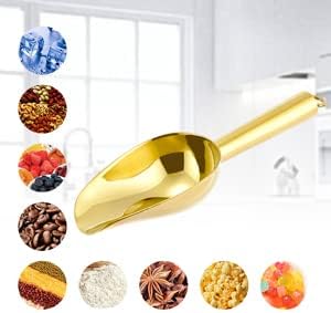 6 Ounce Ice Scoop Set of 2, E-far Gold Stainless Steel Small Scoops for Ice Cube/Candy/Flour/Sugar, Metal Utility Scoops for Canisters, Baking, Kitchen Pantry, Rust Free & Dishwasher Safe