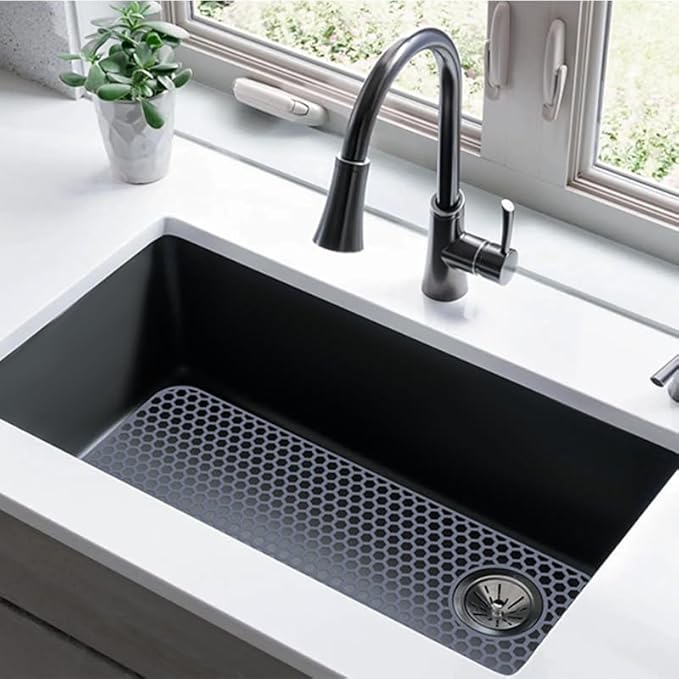 Bestjing Silicone Sink Protectors for Kitchen Sink - 28.4"x 14.3" Kitchen Protector Accessory, Non-Slip Heat Resistant Mat for Bottom of Farmhouse Porcelain Stainless Steel (Top Right Drain Hole,Gray)
