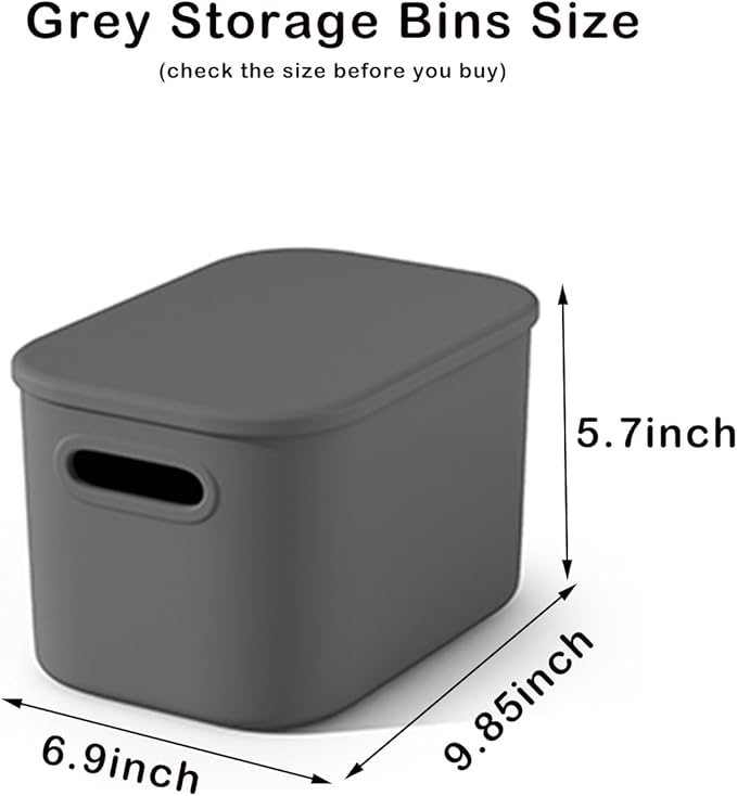 ORGIDOL 8 Pack Dark Grey Storage Bins with Lids Stackable Storage Container for Organizing, Storage Boxes with Handle for Shelves, Cute Organizer Bins for Craft, Snacks, 9.85x6.9x5.7 inch