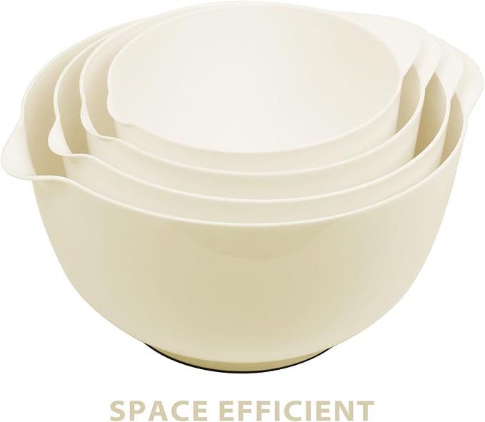BoxedHome 4 Quart Large Plastic Mixing Bowls, Microwave Safe Mixing Bowl Set with Pour Spout, Nesting Bowls for Space Saving Storage(Beige)