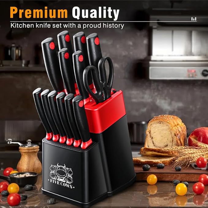 14 Pcs Kitchen Knife Block Set with Sharpener German High Carbon Stainless Steel Chef Knives, Razor-Sharp & Durable, Lightweight Anti-Slip Handle, Professional Set for Home & Kitchen (Red)