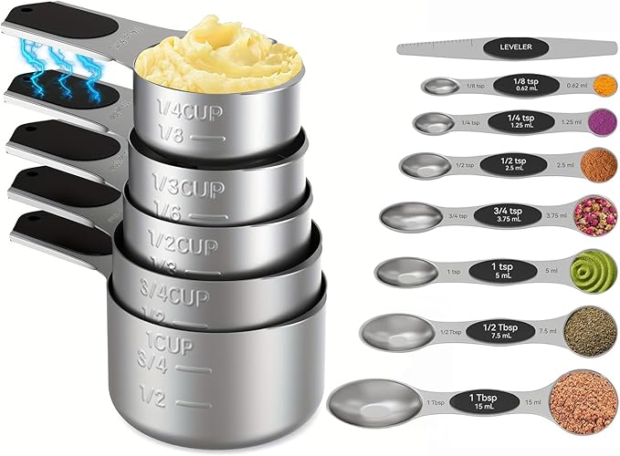Magnetic Measuring cups and spoons Set, 304 Stainless Steel 5 Magnetic Measuring Cup and 8 Double Sided Measuring Spoons with 1 Leveler,Kitchen Gadgets for Cooking & Baking