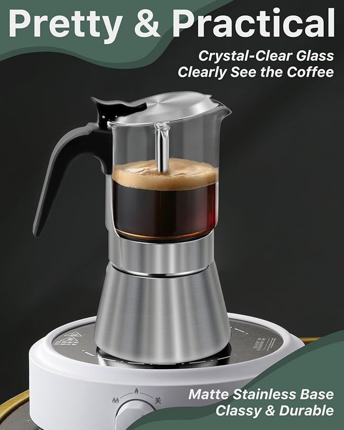 Grasseed Crystal Glass-Top Moka Pot, Polished Stainless Steel Stovetop Espresso Maker for Italian Coffee, Gift for Coffee Lovers - 6 Cup/240ml/8.4oz