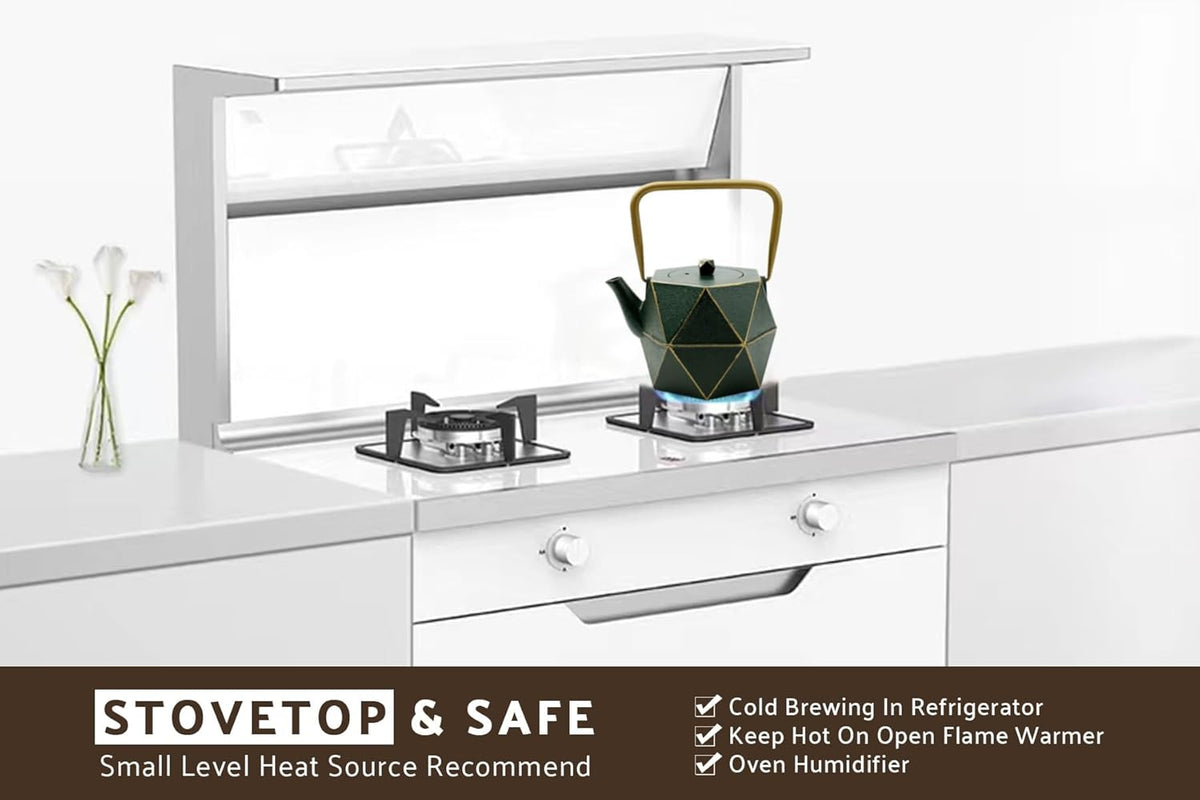 Toptier Cast Iron Teapot, Stovetop Safe Japanese Cast Iron Tea Kettle, Diamond Design Tea Pot with Removable Infuser for Loose Tea, 54 Ounce (1600 ml), Dark Green