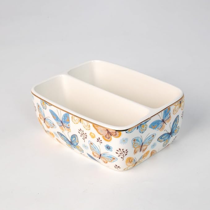 2 Compartments Ceramic Sponge Holder for Kitchen Sink, Cute Floral Pattern Countertop Dish Sponges Holder Soap Sink Organizer Caddy Farmhouse Home Kitchen Decor Butterfly