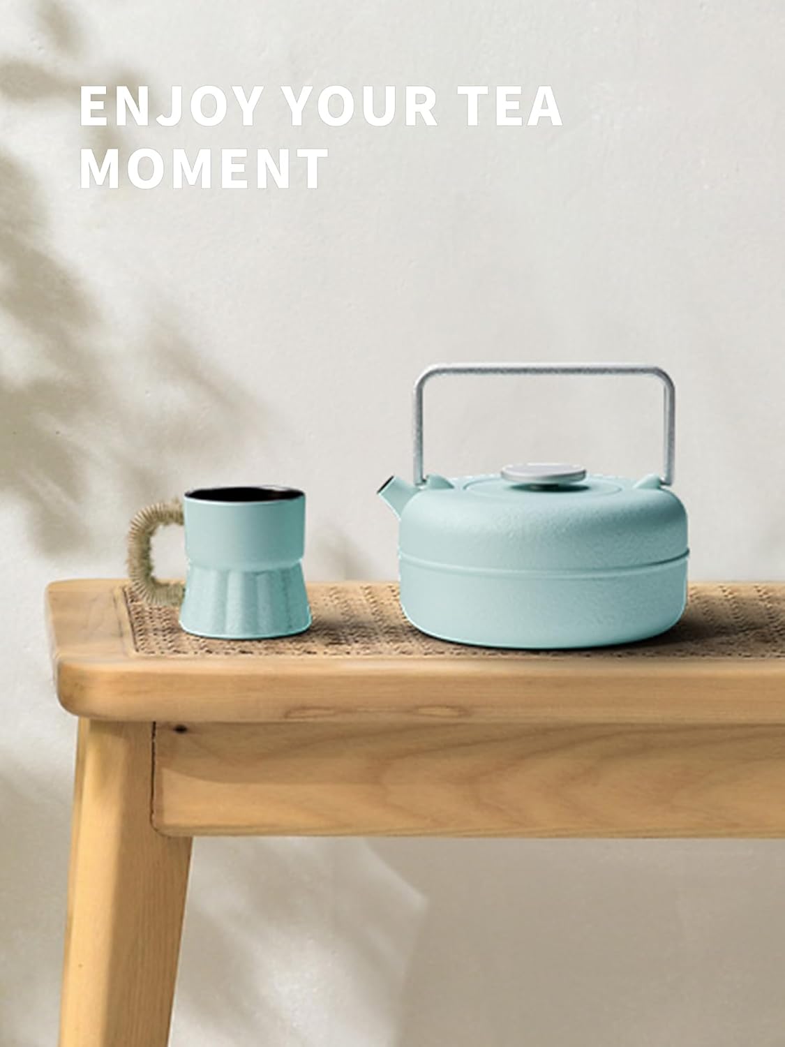 Toptier Teapot with Removable Infuser, Cast Iron Tea Kettle Stovetop Safe, Solid Geometry Cylinder Design Tea Pot Coated with Enameled Interior for 27 Ounce (800 ml), Babyblue