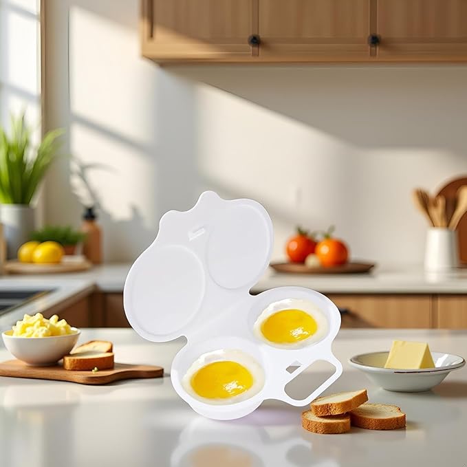 2 Pcs White Egg Poacher, Microwave Egg Boiler Poacher, 2 Cavity Nonstick Poached Egg Maker With Lid, Egg Poacher Microwave Egg Cooker, Double Drain Poached Egg Cups Cookware(13 * 5cm)