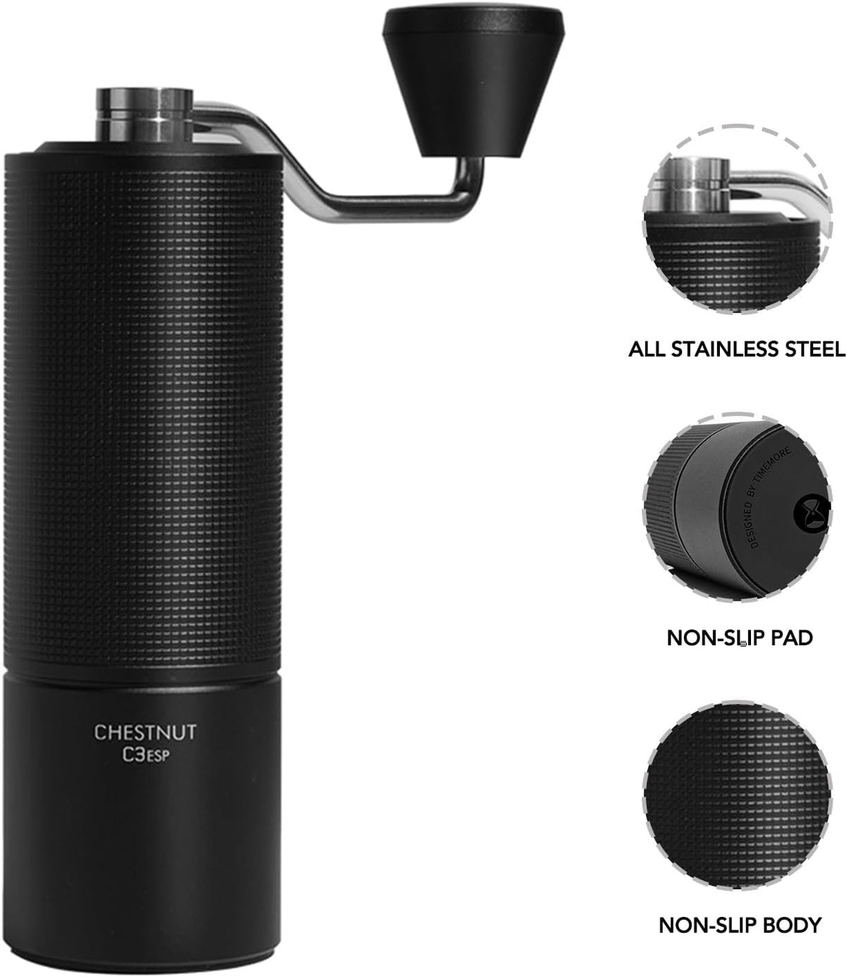 TIMEMORE Manual Coffee Grinder with Stainless Steel Espresso Coffee Bean Grinder Chestnut C3 ESP Internal Adjustable Setting, Double Bearing Positioning Black