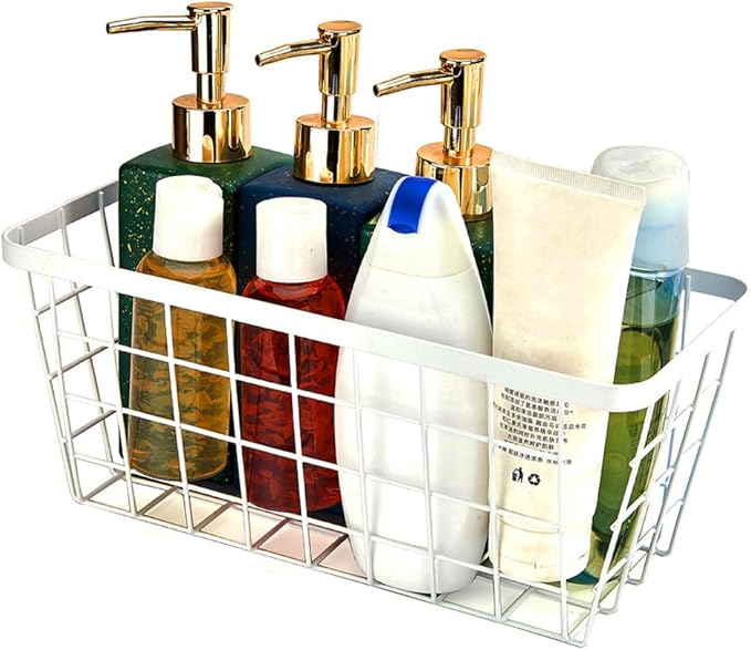 LeleCAT White Hanging Kitchen Baskets For Storage Adhesive Sturdy Small Wire Storage Baskets No Drilling Wall Mounted Kitchen Food Pantry Bathroom Shelf Storage, 4 PACK,White