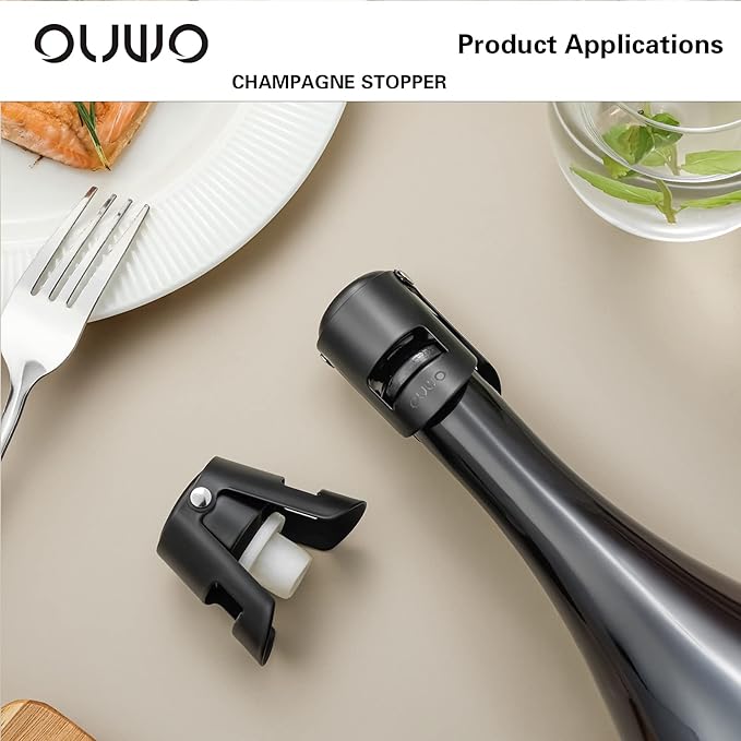 Champagne Sealer Stopper 6 Pack Stainless Steel Sparkling Wine Bottle Stoppers,Leak-Proof Bubble Retaining Saver,Suitable for Champagne Prosecco Cava and Sparkling (Black)