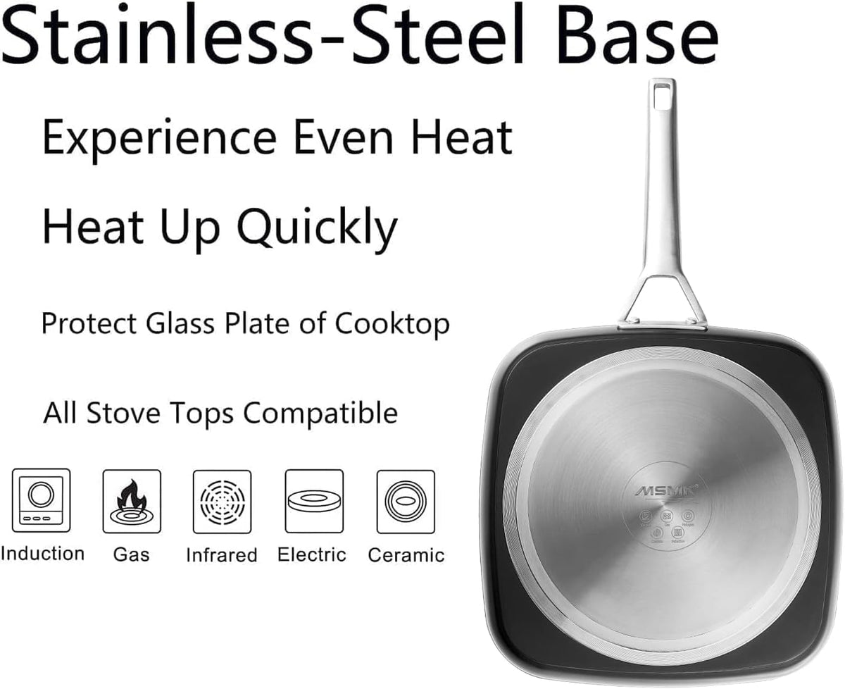 MsMk Square Grill Pan with Lid, 9.5 Inch Titanium and Ceramic Nonstick Grilling Skillet Pan,Stay-Cool Handle,Compatible with All Stovetops,PFOA Free,Dishwasher & Oven Safe,Indoor Chicken Skille