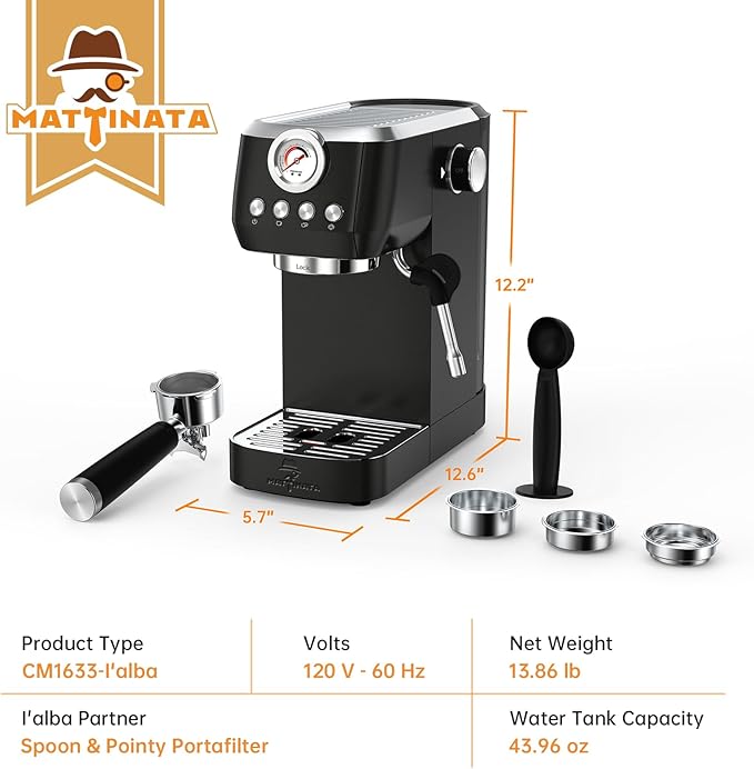 MAttinata Espresso Machine 20 Bar, Espresso Coffee Maker with Professional Milk Frother Steam Wand for Cappuccino & Latte, 49oz Removable Water Tank for Home, Black