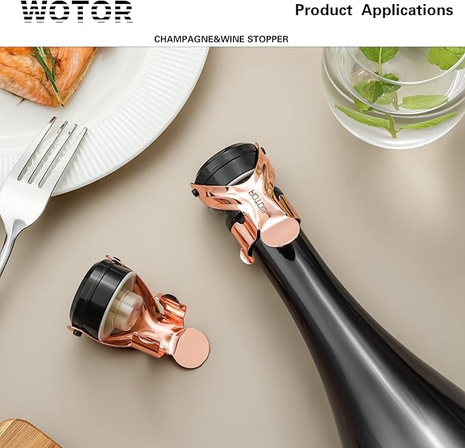 WOTOR Champagne&Wine Bottle Stoppers Stainless Steel with Food Grade Silicone, Leak Proof Keep Fresh Reusable Saver, Cork Suitable for Wine, Champagne, Cava, Prosecco and Sparkling (6 Pack Rosegold)