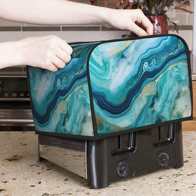 Toaster Cover 4 Slice Teal Turquoise Liquid Marble Print Waterproof Appliance Cover with Hang Loop Bread Baker Toaster Cover for Kitchen