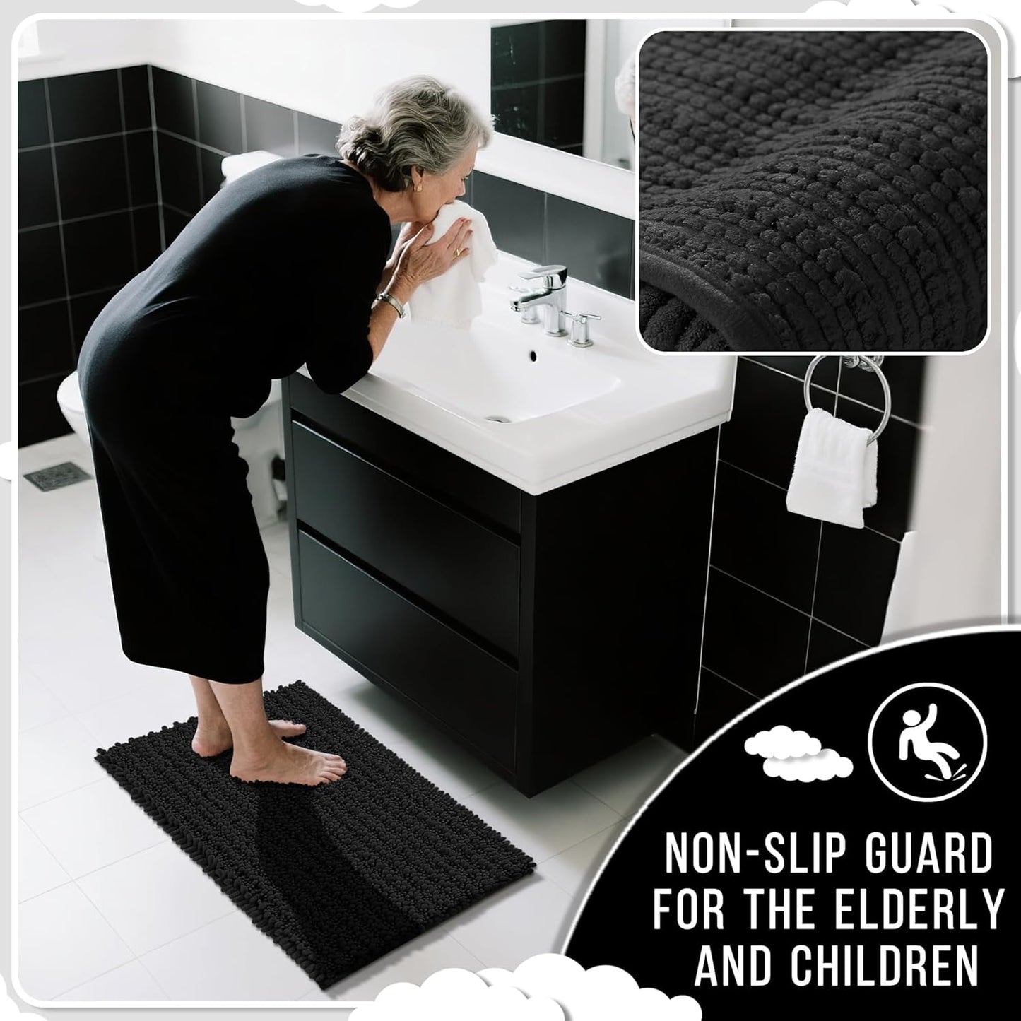 Yimobra Bathroom Runner Rug 60x24 Inch - Extra Long Non Slip Chenille Bath Mat, Soft & Absorbent, Machine Washable Shaggy Hallway Carpet for Vanity Tub Shower, Black Home Decor Accessories