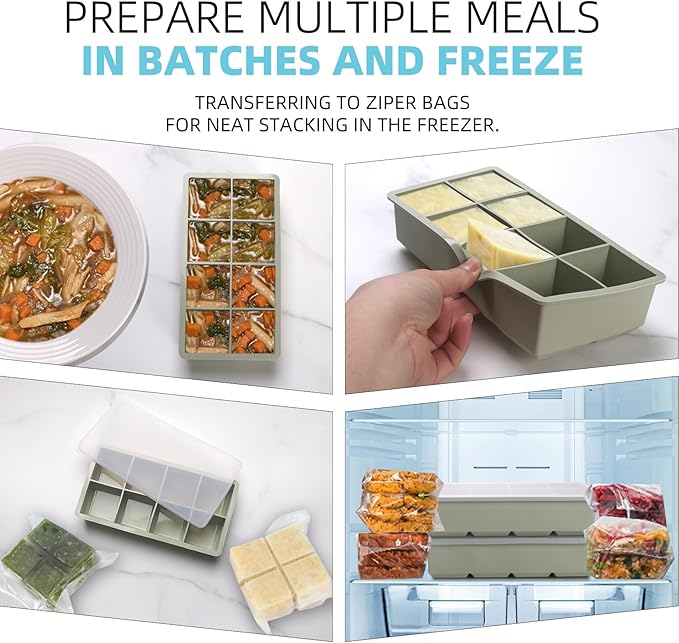 1/2 Cup Silicone Freezer Tray With Lid - Silicone Freezer Molds 2-Pack For meal prep & freezing of various sauces and other dishes, makes 16 perfect 1/2 cup portions cubes(Green 2 Pack)