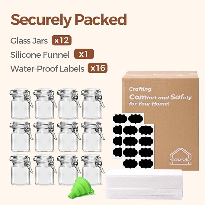 ComSaf Set of 12 Square Glass Spice Jars with Airtight Lids (4 Oz), Mini Favor Jars with Wire Clamp for Honey, Herbs & Farmhouse Kitchen Pantry Organization, with Funnel & Labels