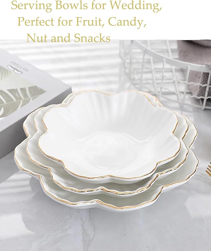 Porcelain Serving Dish,Ceramics Flower Relish Tray with Metallic Rim,Serving Bowls for Wedding,Party Perfect for Small Cereal, Pasta, Salad, Candy and Snacks White 8 inch (2pc-8inch)