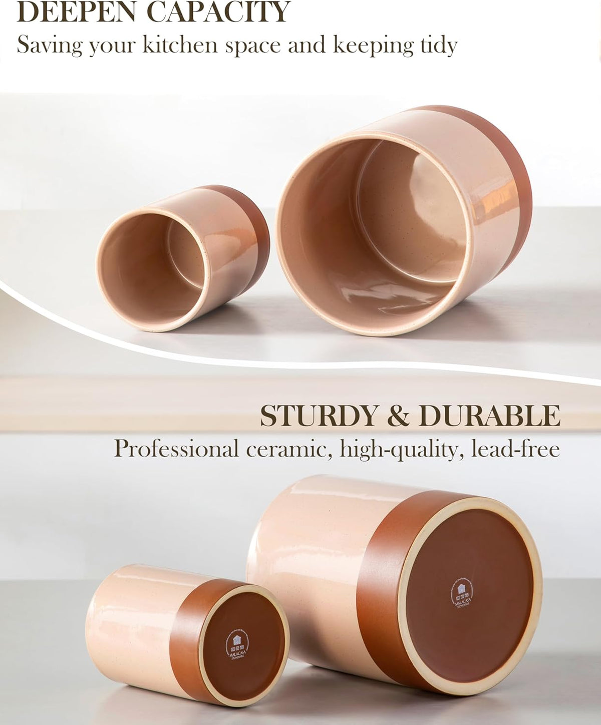 MALACASA Utensil Holder, 7.3"+5.5" Ceramic Kitchen Utensil Holder for Countertop, Large Cooking Utensil Crocks for Kitchen Counter, Farmhouse Utensils Organizer, Set of 2, Khaki Pink, Series TARA