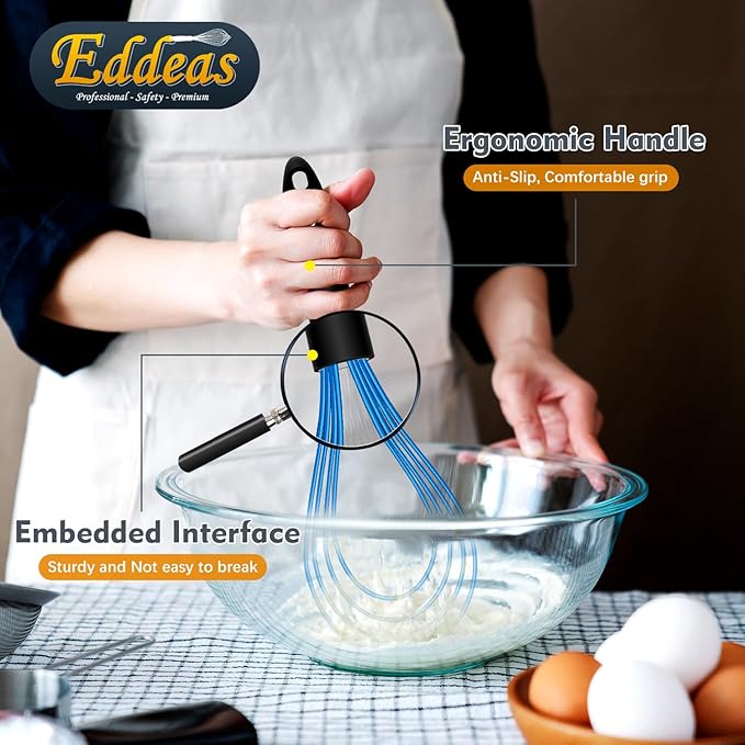 Silicone Whisk, Non Scratch Whisk for Cooking, 5+7+9+11in Balloon Whisks, Suitable for Mixing, Blending. 11in Flat Whisks great for Ceramic Coated pans and Wider shallower pots. (Blue)