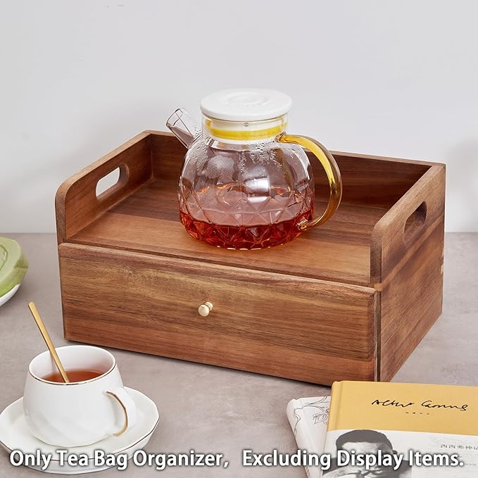 Acacia Wood Tea Bag Organizer with Drawer - Tea Station Chest and Storage Box, Coffee and Teabag Holder with 8 Compartments, Containers and Boxes for Countertop Display