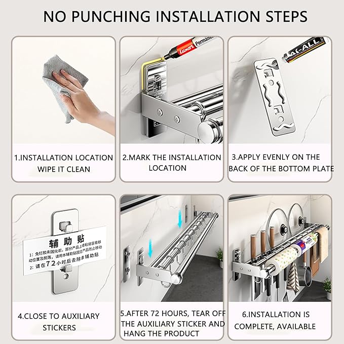 Hanging Wall Mount knife Wall Mount, Kitchen Organizer Storage Shelf for Utensils Spatula Spoon, Space-Saving Knife Rack with Hooks,Wall-Mounted Utensil Holder (Silver, 60CM+Three Poles+10Hooks)
