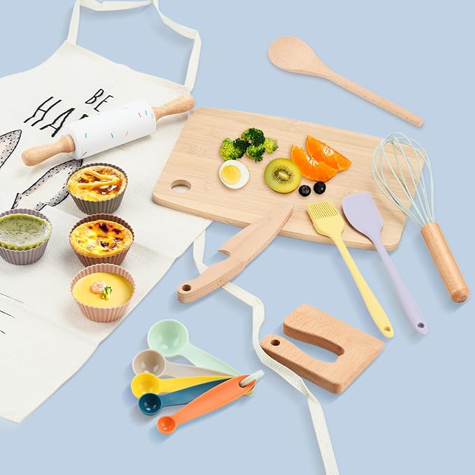 14 Pack Kids Kitchen Tools Set for Real Cooking Montessori Kids Knife and Cutting Board Set Safe for Kids and Toddlers Baking Set Kitchen Accessories