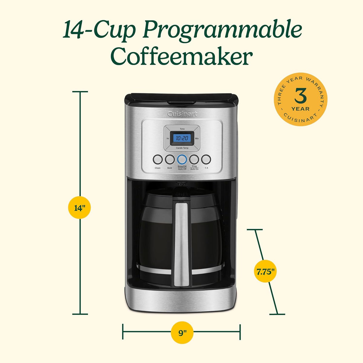 Cuisinart 14-Cup Coffee Maker, Programmable PerfecTemp Glass Carafe Coffee Machine with 1-4 Cup Setting, Brew Strength Control and Brew Pause, Stainless Steel, DCC-3200NAS