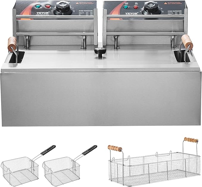VEVOR Commercial Deep Fryer, 3000W Electric Turkey Fryer with 3 Removable Baskets, Large Capacity 18Qt / 17L Stainless Steel Countertop Single Oil Fryer, for Kitchen Restaurant Use, Silver
