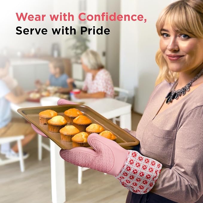 Kitchen Mama UltraShield Silicone Oven Mitts – Heat Resistant, Non-Slip Surface, Durable, Safe, Pot Holders, Flexible Waterproof Glove Set, Perfect for Cooking, Baking, Grilling, BBQ (Gem-Red)