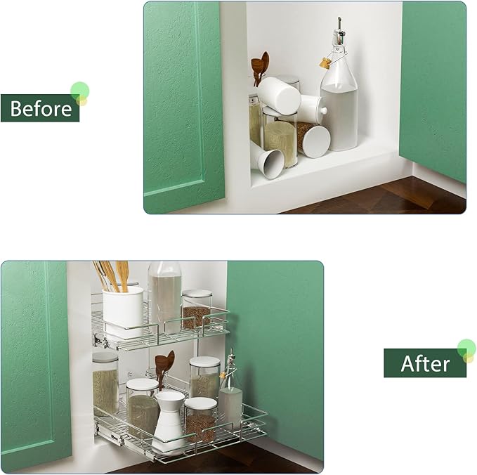 LOVMOR 2 Tier Individual Pull Out Cabinet Organizer 15½" W x 21½" D, Slide Out Kitchen Cabinet Storage Sliding Shelves