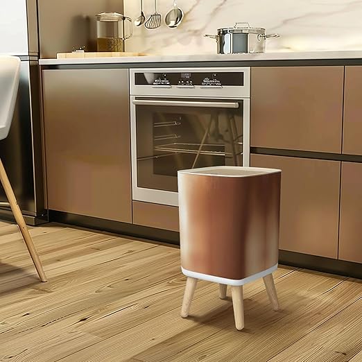 Small Trash Can with Lid Metal Copper texture aluminum brushed Copper texture reflection Copper Wastebasket with Press Cover Dog Proof Garbage Can Waste Bin for Kitchen Bathroom Nursery 2.6 Gallon
