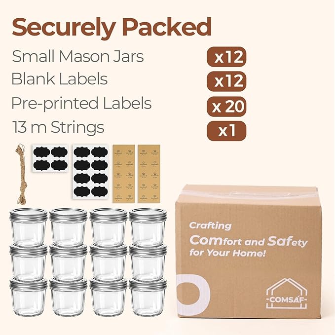 ComSaf 8 oz Wide Mouth Mason Jars, 12Pcs Glass Jars for Home Cooks Making Jam and Jelly, and Crafters Creating DIY Candles and Party Favors, Canning Jar with Lids and Rings,Includes Labels & Twine