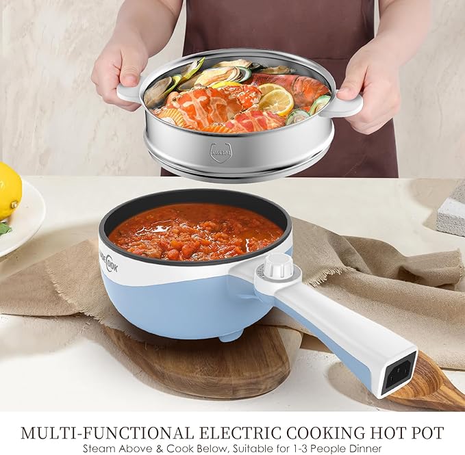 Audecook Hot Pot Electric, 1.7L Mini Electric Skillet Portable Nonstick Sauté Pan with Power Adjustment, Ramen Cooker Travel Multicooker for Steak/Soup/Egg/Oatmeal/Noodles