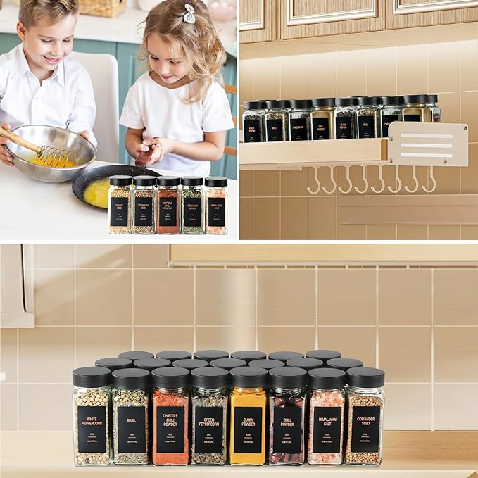 Spice Jars with Label,4oz Glass Spice Bottles With Shaker Lids,Seasoning Containers with Funnel, Chalk Pen for Cabinet,Drawer,Rack (Black, 24)