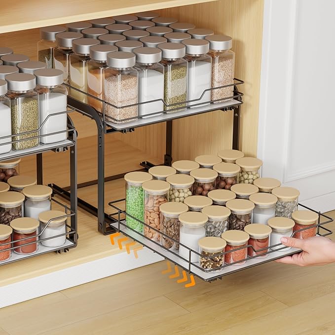 Spice Rack Organizer for Cabinet, 2 Tier Vertical Pull Out Spice Rack – Heavy Duty Metal Spice Organization for Cabinet, 60-Jar Capacity, Height Adjustable Cabinet Organizer, 13.58''Wx10.5''Dx9.5''H