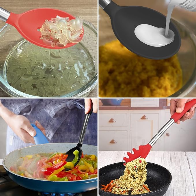 Silicone Spatula and Cooking Spoon,5 Pack Non-Stick Cooking Utensils for Kitchen,Heat Resistant Solid & Slotted Spoons and Spatulas, Stainless Steel Handle Coated with Silicone,Red