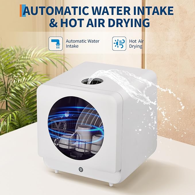 Portable Countertop Dishwasher – No Installation Needed, 2 in-1s Self-Priming & Dual Water Inlet Modes, 72℃ Hot Air Drying, Compact for Home, Apartment, RV Use with Large Display