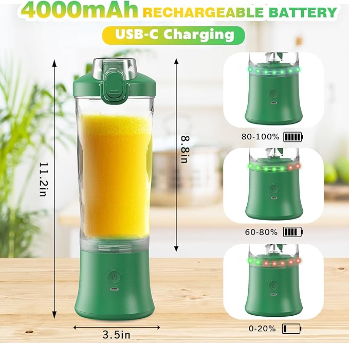 Portable Blender Personal Juicer for Shakes and Smoothies - 20 OZ Electric Protein Shaker Bottle with Insulated Sleeve, Travel Lid, USB-C Rechargeable - Mini Small Blender Cup for Kitchen, Office, Gym