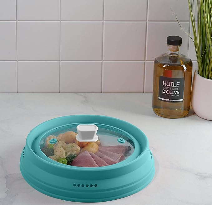 Microwave Splatter Cover, Microwave Cover for Food, Collapsible Plate Cover Lid with Easy Grip Handle, Safe Tempered Glass and Silicone, Pot Cover, Splatter Cover Guard - Large 12”