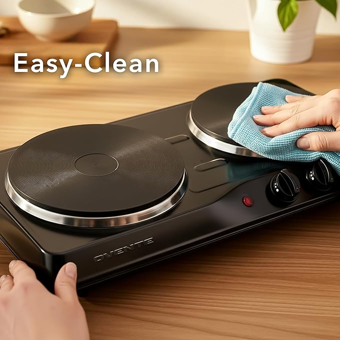 OVENTE Electric Countertop Double Burner, 1700W Cooktop with 7.25" and 6.10" Cast Iron Hot Plates, Temperature Control, Portable Cooking Stove and Easy to Clean Stainless Steel Base, Black BGS102B