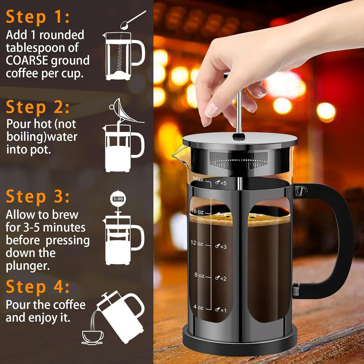 French Press Coffee Maker (21oz 600ML 3-4Cup) Coffee Press, with 4 Filters System, Heat Resistant Thickness Borosilicate Glass, Cold Brew Coffee Tea Pot Gifts (Bright Black)