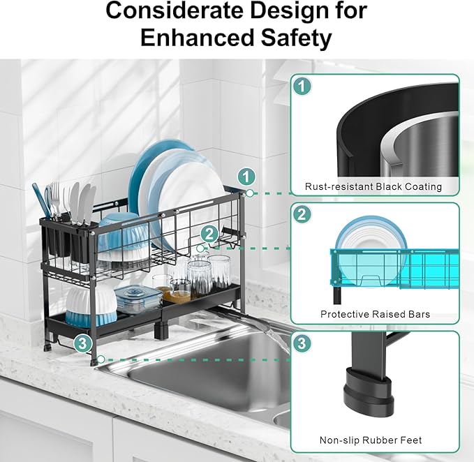 GSlife Narrow Dish Drying Rack, 2 Tier Small Dish Drainer for Kitchen Counter, Expandable Compact Dish Rack with Utensil Holder for RV/1-2 People, 15.7''-20.7''L x 7" D x 12.6" H, Black
