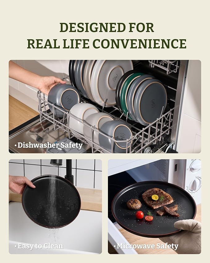 Famiware Mercury Plates and Bowls Sets, 12 Pieces Stoneware Dinnerware Sets, Dishes Set for 4, Microwave and Dishwasher Safe, Black