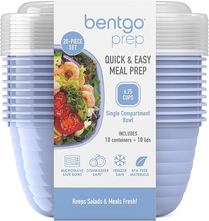 Bentgo Prep - 1-Compartment Bowls with Custom Fit Lids - Reusable, Microwaveable, Durable, PFAS & BPA-Free, Freezer and Dishwasher Safe Meal Prep Food Storage - 10 Bowls & 10 Lids (Periwinkle)