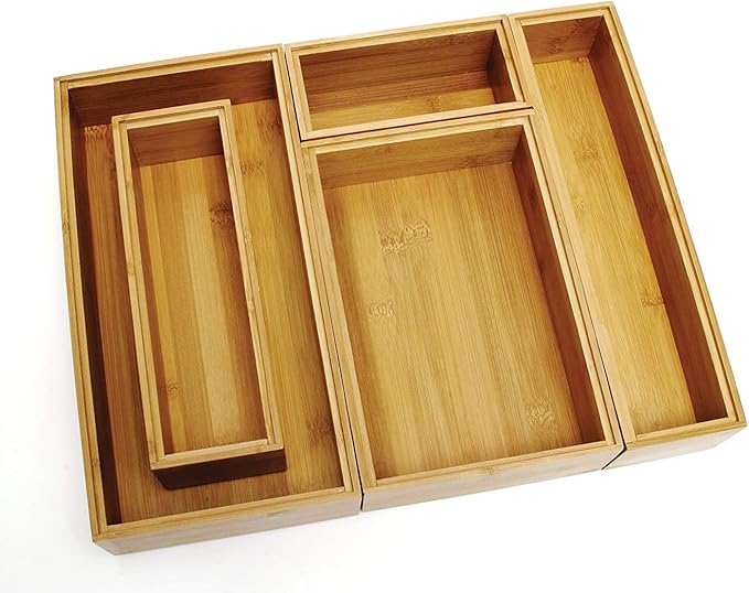 Lipper International 88005 Bamboo Wood Drawer Organizer Boxes, Assorted Sizes, 5-Piece Set
