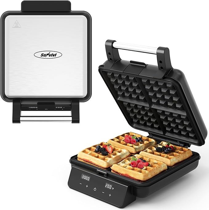 Sunvivi Waffle Maker Machine 4 Slices with Quick Heat-Up, Time & Temperature Control, LCD Display, Nonstick Surface, Perfect Waffle Iron for Kids and Families, Stainless Steel, Silver