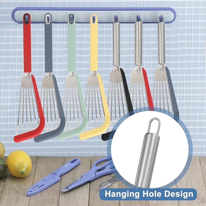 uxcell Stainless Steel Fish Spatulas with Handle Kitchen Cooking Spatula for Egg, Fish, Pancake Blue