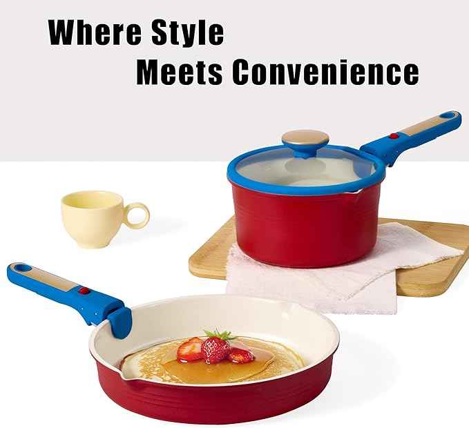 CAROTE 5Pcs Titanium Cookware Set, Pots and Pans Set Non Stick, Kitchen Cooking Set with Detachable Handle, Non Toxic Induction Cookware, Dishwasher/Oven Safe,Memphis Design