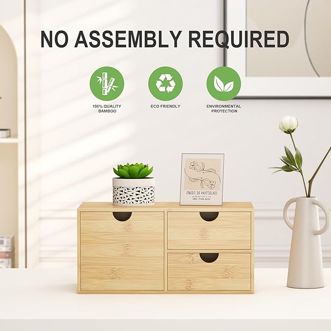 Wisuce Desk Organizer with Drawers - Bamboo Desktop Organizer Storage Natural Wood Desk Drawers Organizer for Bills, Office Supplies, Cosmetics, Seals No Assembly Required 3 Drawers(left-right)